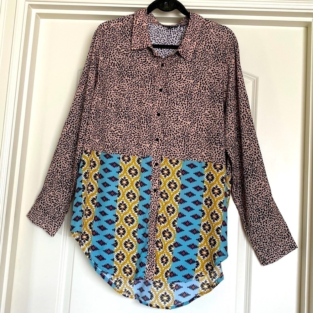 TOLANI Womens L Tunic Blouse Roll Tab Sleeve Button down Shirt Top Artsy Boho